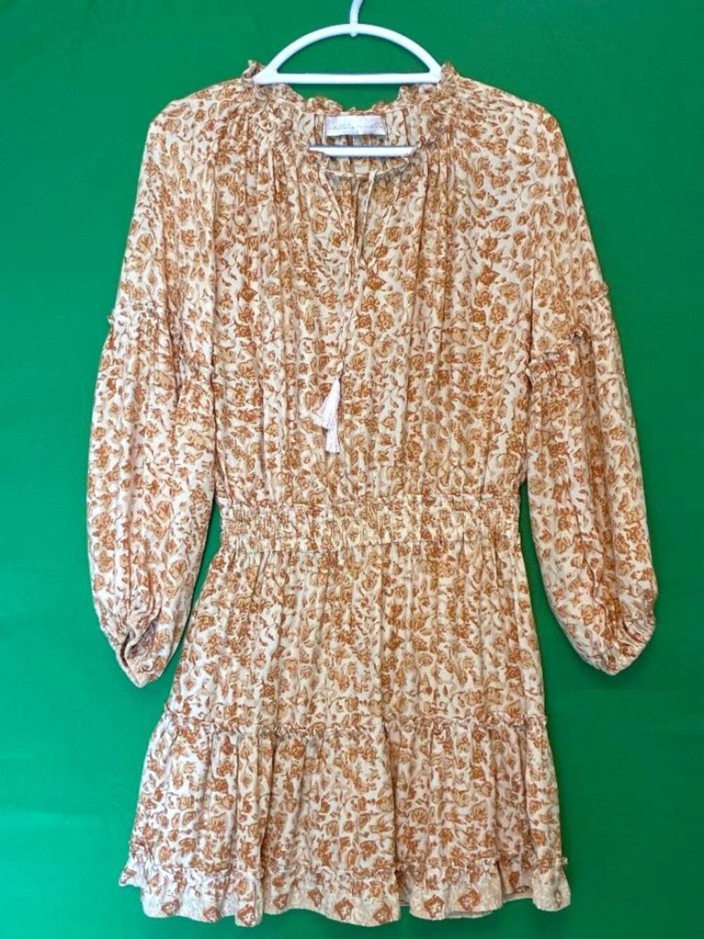 100% Silk Natalie Martin Mini Dress Boho Cottagecore Tasseled Smocked Waist Sz S
